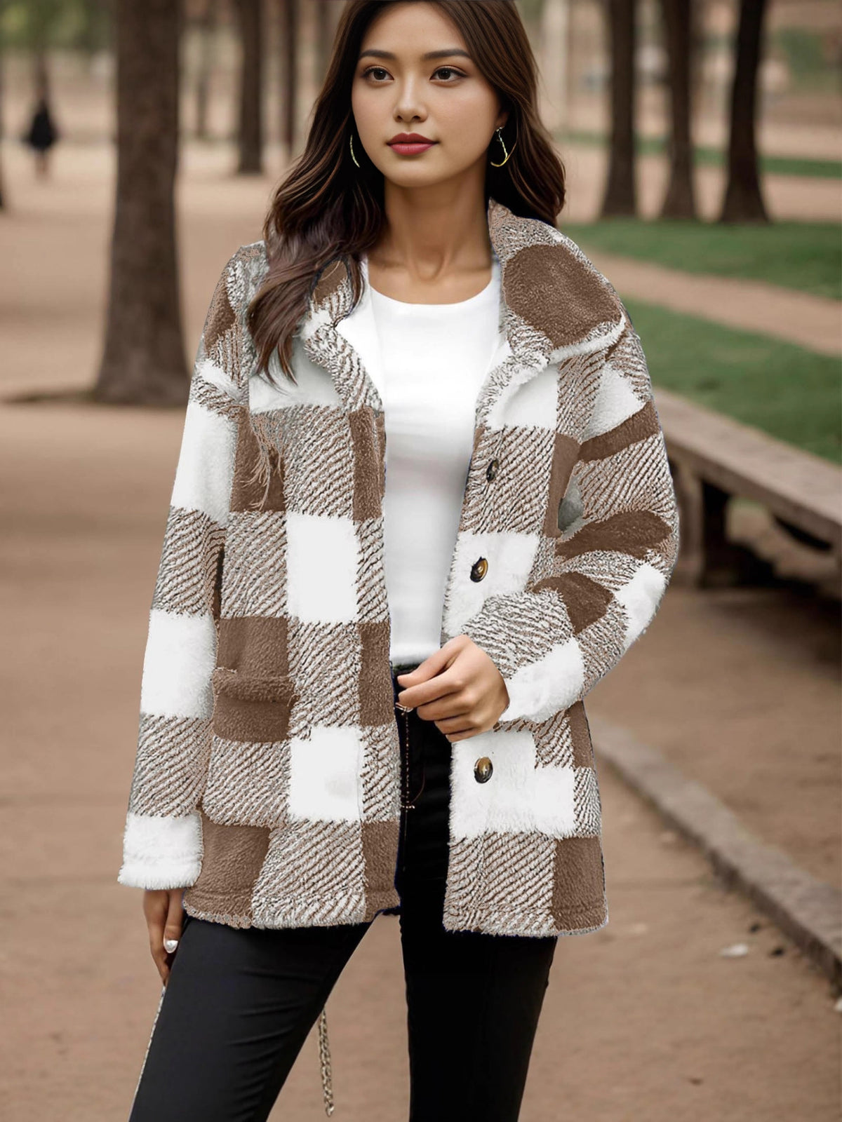 Manteau peluche à carreaux pour femme - Chaud et pratique