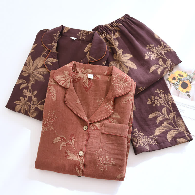 Pigiama da donna comodo ed elegante in cotone jacquard tinto in filo vintage – Set di 2 capi morbido e traspirante con collo rovesciato per tutte le stagioni