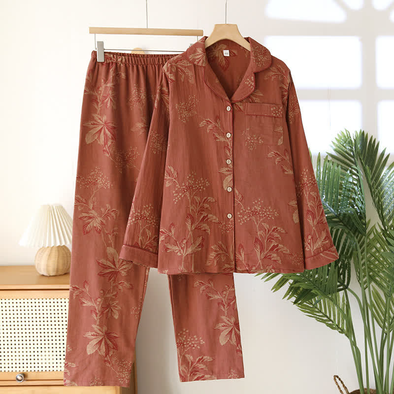 Pigiama da donna comodo ed elegante in cotone jacquard tinto in filo vintage – Set di 2 capi morbido e traspirante con collo rovesciato per tutte le stagioni