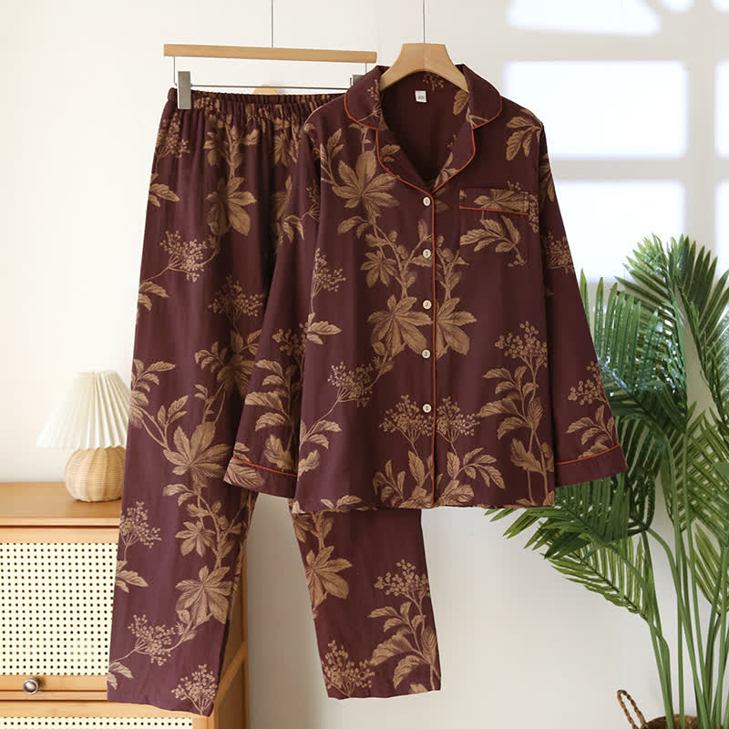 Pigiama da donna comodo ed elegante in cotone jacquard tinto in filo vintage – Set di 2 capi morbido e traspirante con collo rovesciato per tutte le stagioni