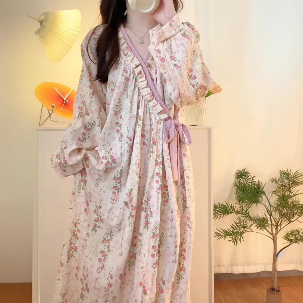 Camicia da notte lunga da donna, comoda ed elegante, con scollo a V e motivo floreale - Leggera, manica lunga, vestibilità comoda, adatta a tutte le stagioni