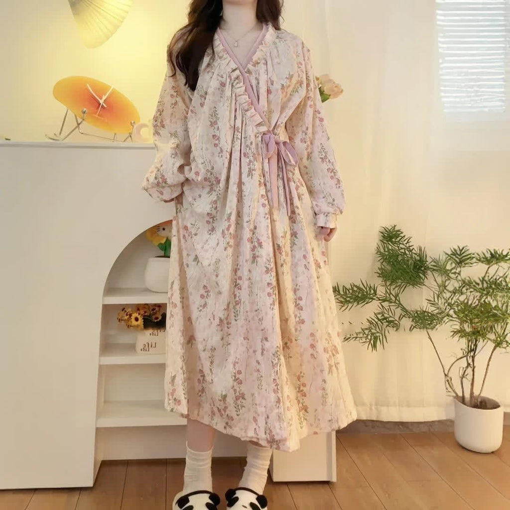 Camicia da notte lunga da donna, comoda ed elegante, con scollo a V e motivo floreale - Leggera, manica lunga, vestibilità comoda, adatta a tutte le stagioni
