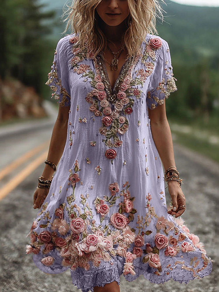 Abito Ricamato Floreale con Scollo a V – Eleganza Romantica e Stile Raffinato