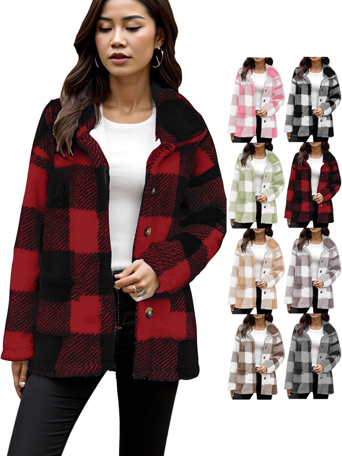 Manteau peluche à carreaux pour femme - Chaud et pratique