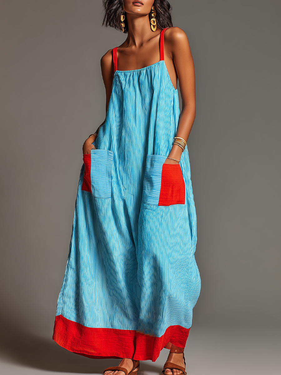 Abito maxi da donna a spalline sottili a righe con tasche - Fluido ed estivo