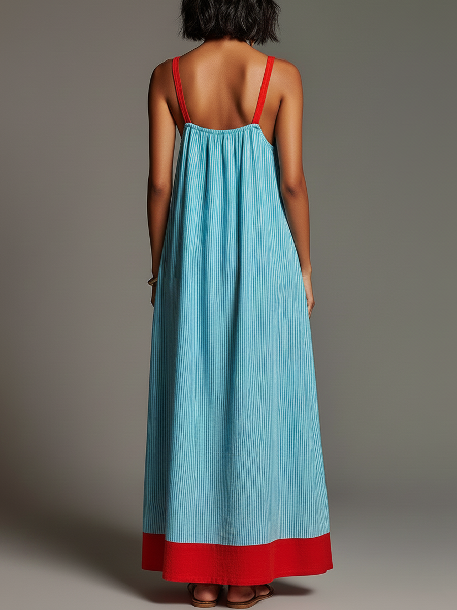 Abito maxi da donna a spalline sottili a righe con tasche - Fluido ed estivo