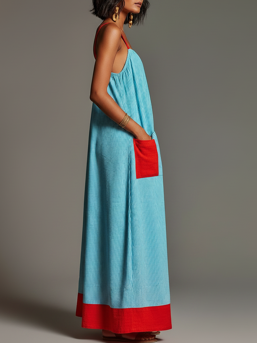 Abito maxi da donna a spalline sottili a righe con tasche - Fluido ed estivo