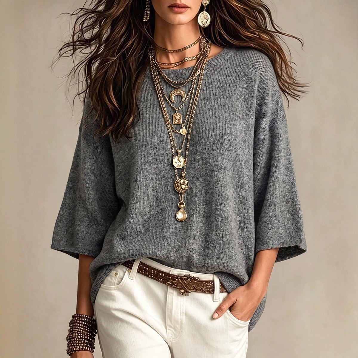 Maglione ampio da donna con maniche larghe e girocollo