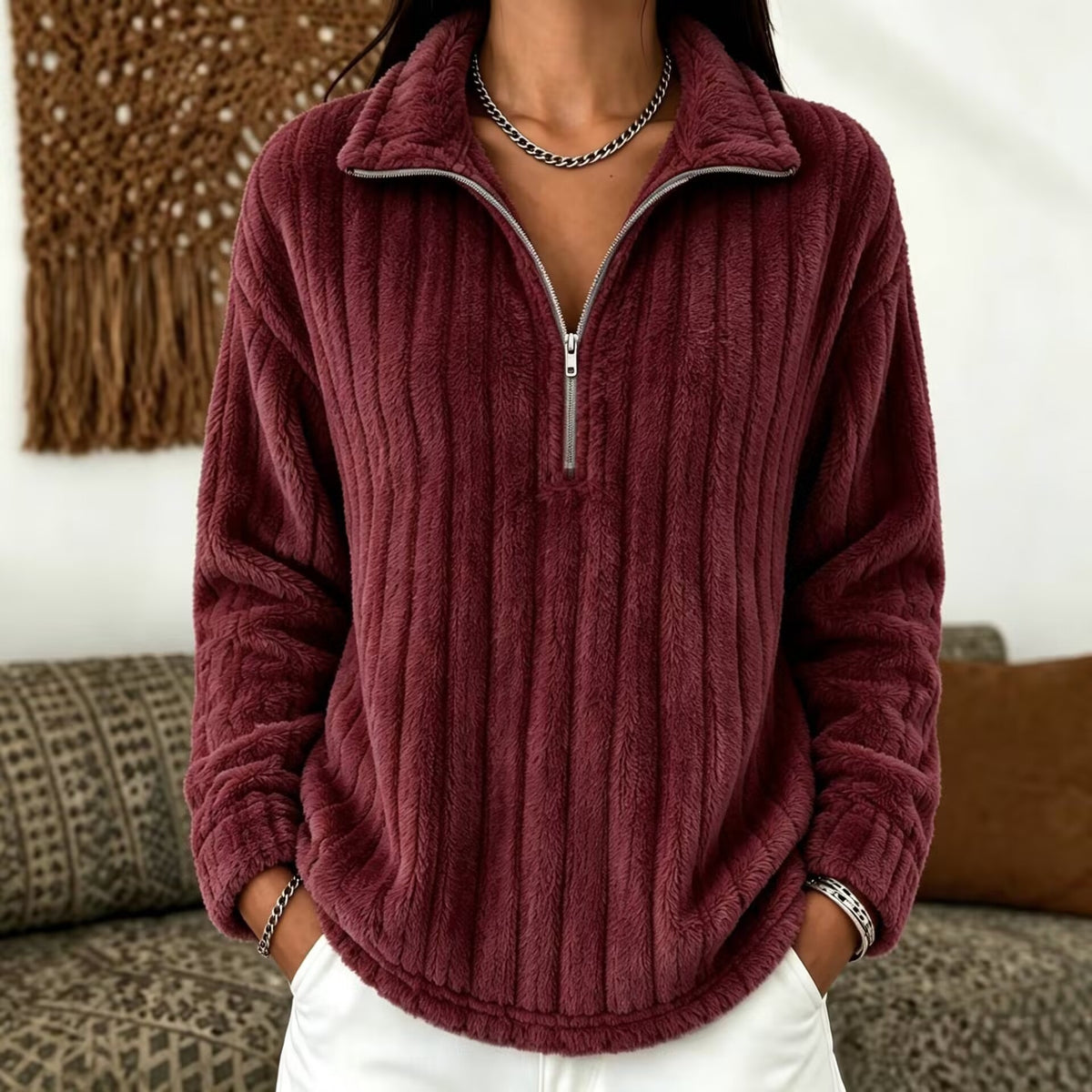 Maglione donna a coste con collo zip - Caldo e confortevole