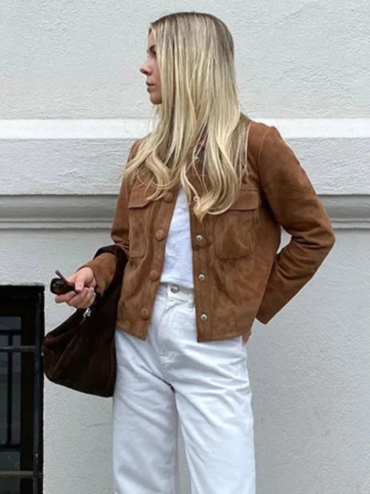 Elegante giacca in pelle scamosciata da donna - Capospalla alla moda