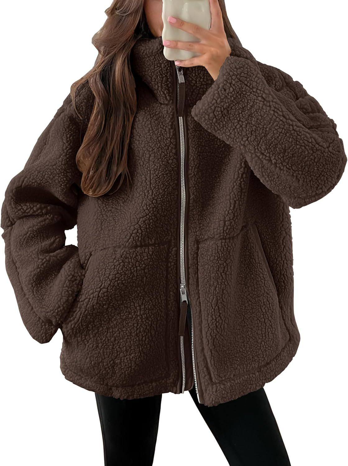 Giacca in pile da donna con colletto a punta – Capospalla casual semplice con tasche