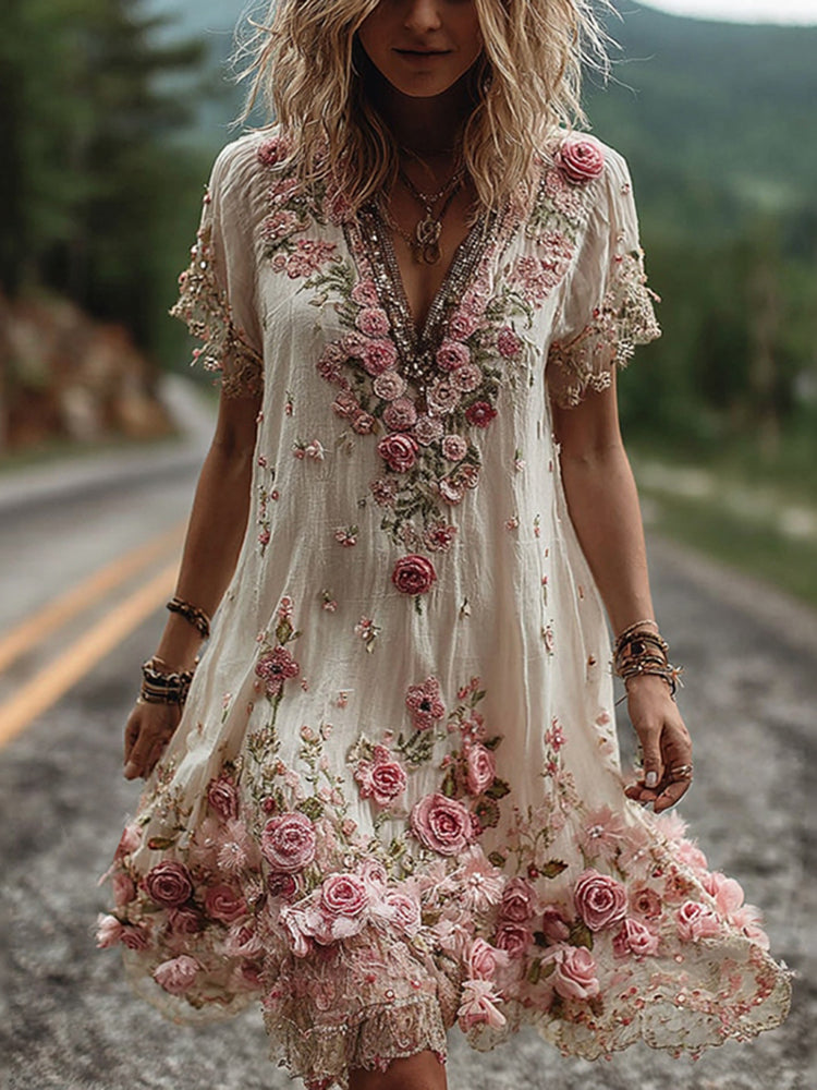Abito Ricamato Floreale con Scollo a V – Eleganza Romantica e Stile Raffinato
