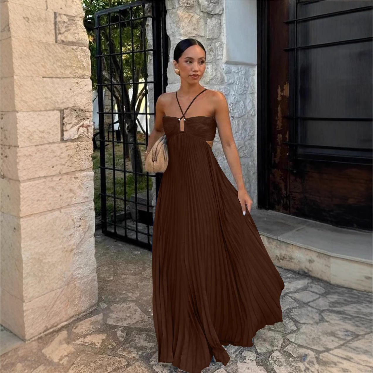 Abito donna plissettato senza maniche con collo halter - Elegante da sera