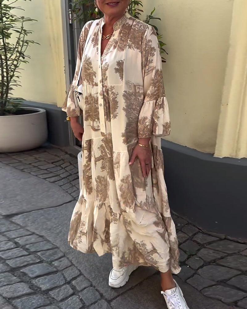Elegante abito lungo stampato da donna – vestibilità ampia con maniche arricciate