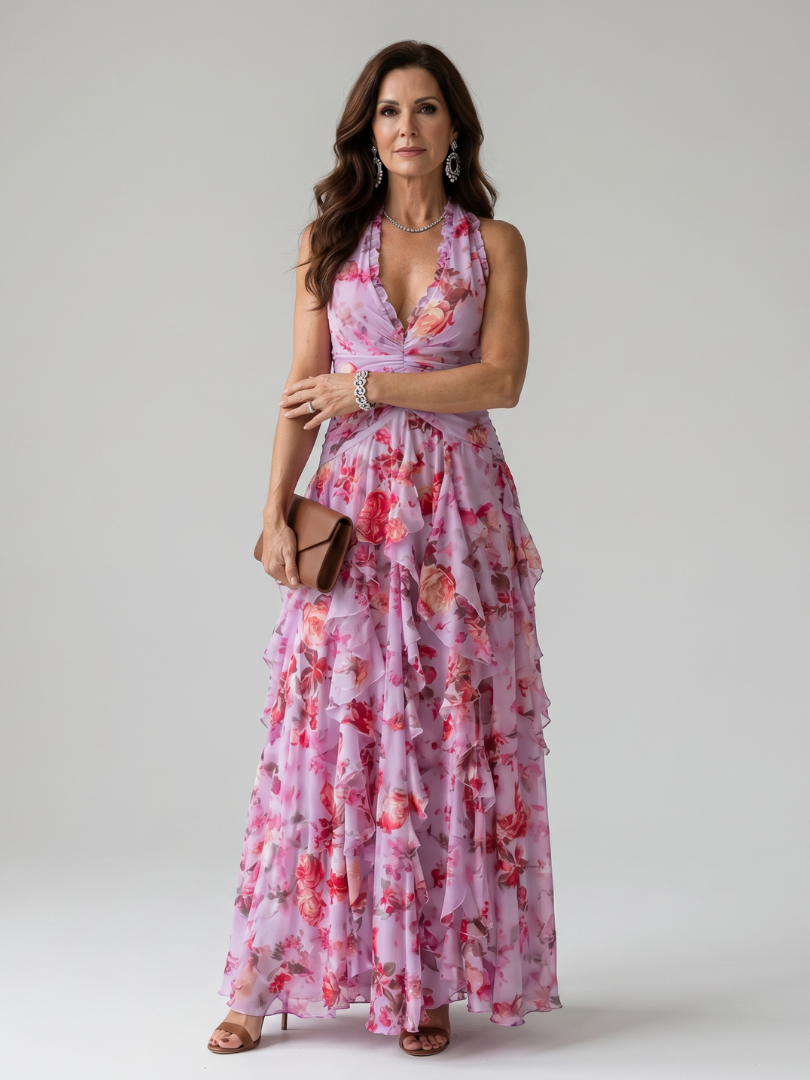 Abito maxi floreale da donna con collo halter e corpetto arricciato - Raffinato ed estivo