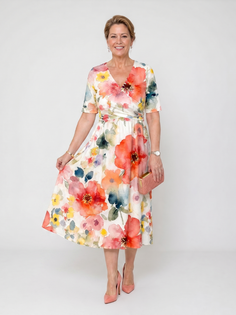 Abito midi floreale da donna con scollo a V e maniche corte - Leggero e femminile