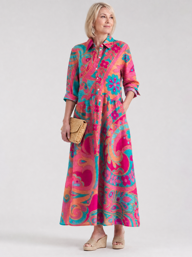 Abito midi stampato da donna con colletto e bottoni - Elegante e facile da indossare