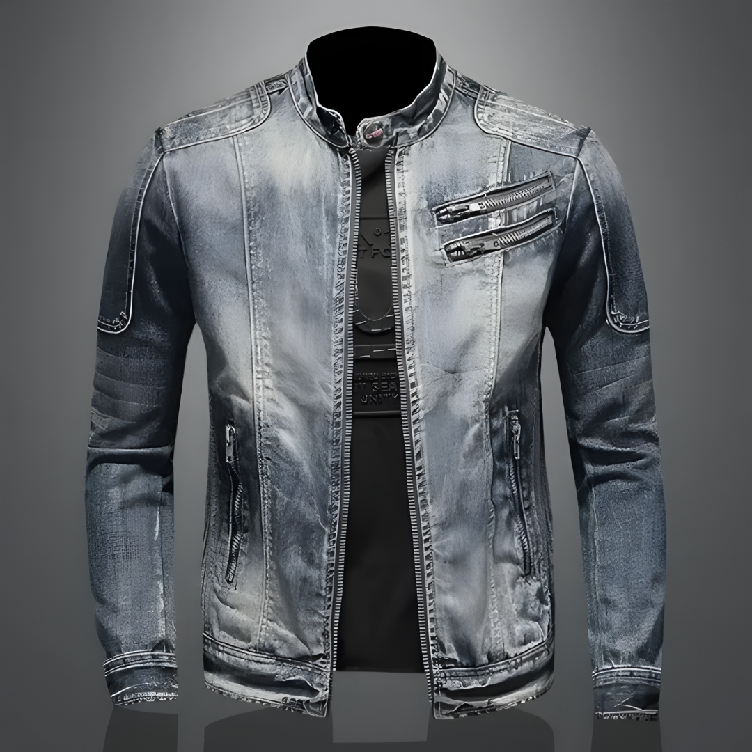 Giacca in denim slim da uomo – Elegante giacca con collo alto e cerniera
