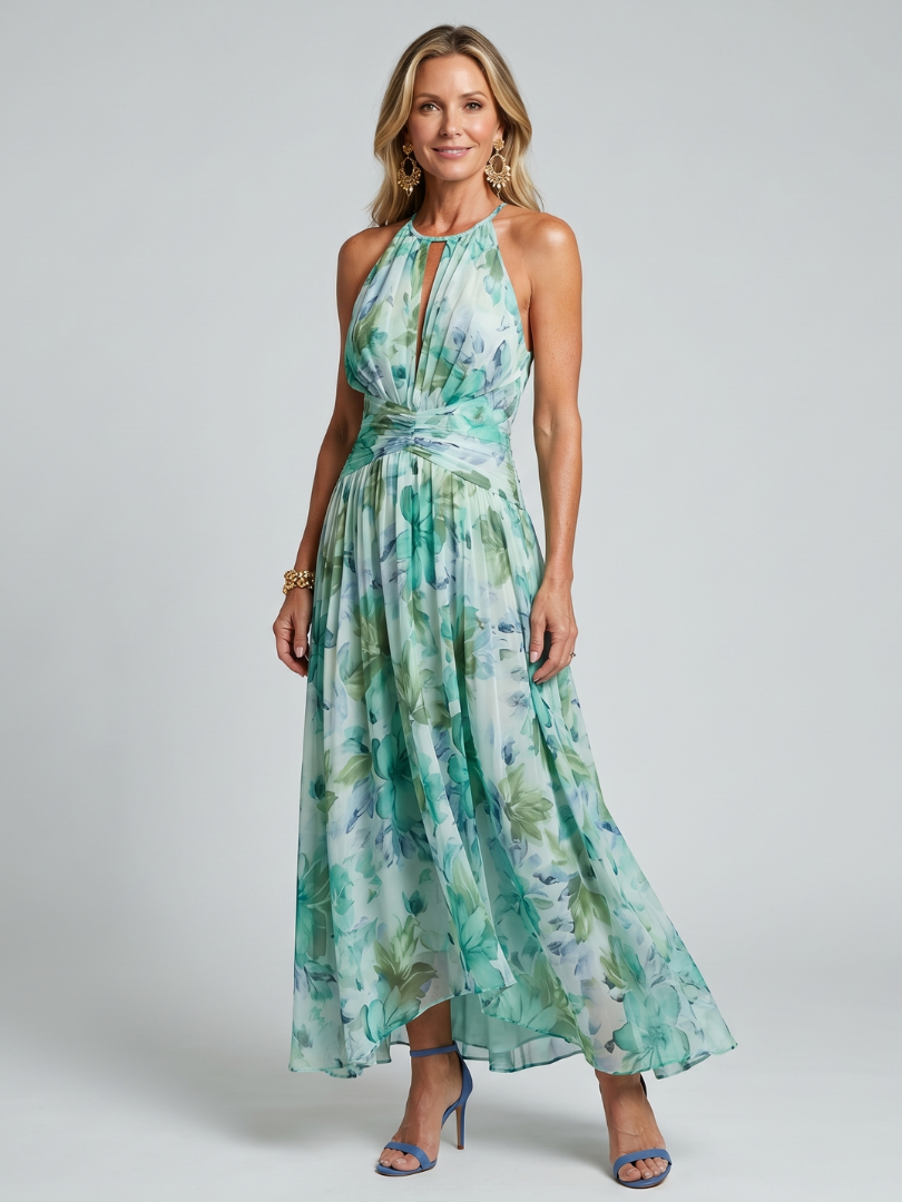 Abito midi floreale plissettato da donna con collo halter - Raffinato e leggero