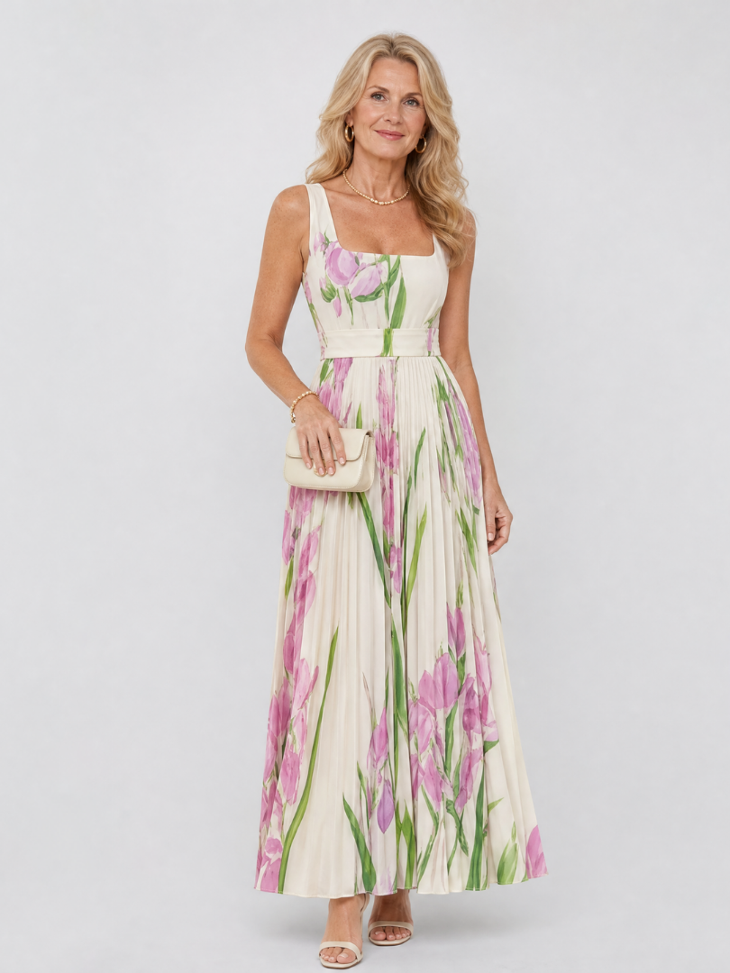 Abito midi plissettato da donna senza maniche con scollo quadrato - Elegante ed estivo