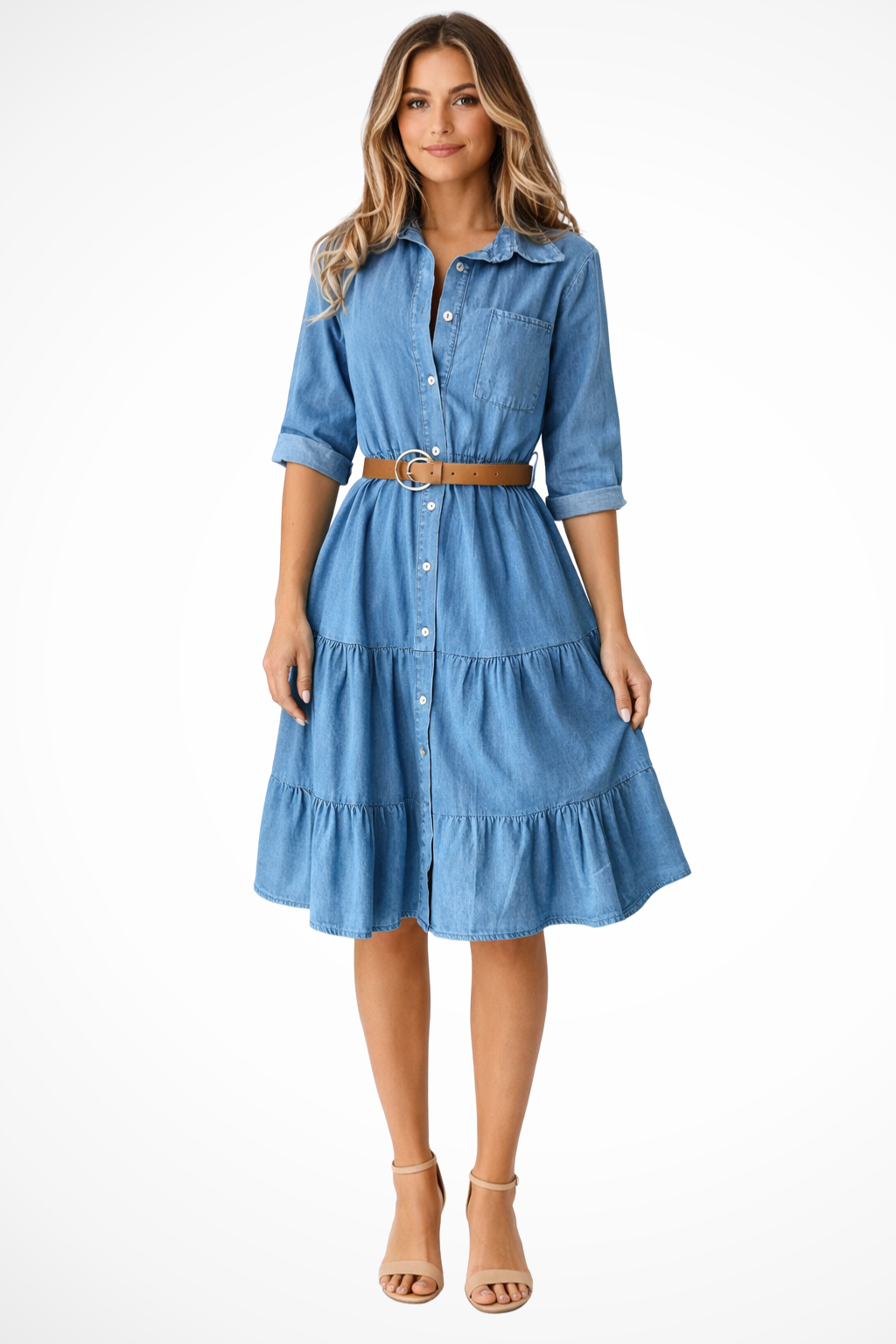 Abito chemisier midi da donna in denim a balze – con cintura, stile casual chic per tutti i giorni