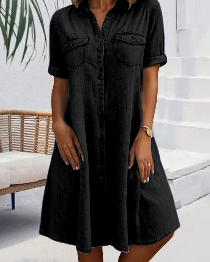 Elegante vestito camicia midi in denim da donna – Abito casual leggero da tutti i giorni