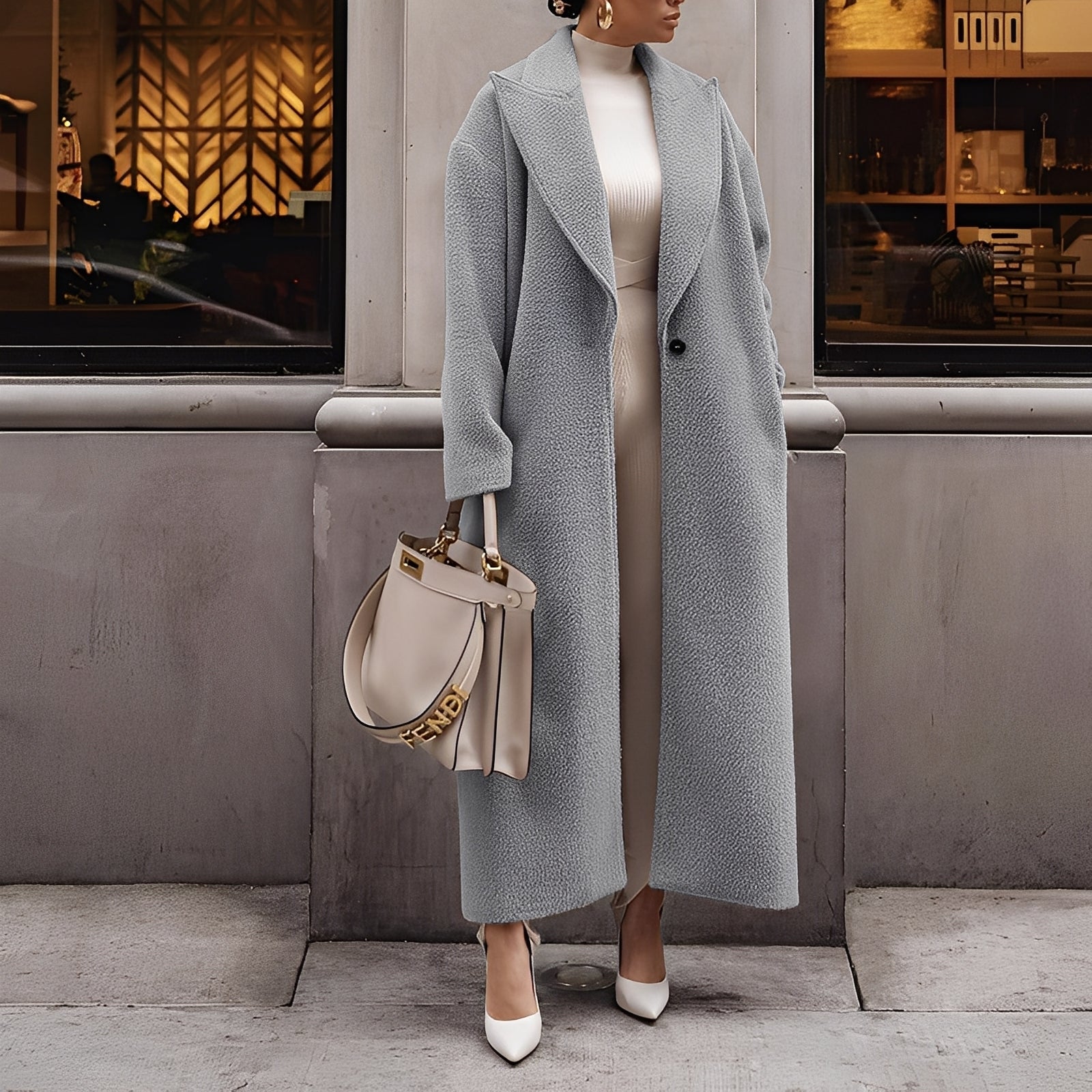 Elegante cappotto lungo oversize da donna – Giacca in finta lana semplice con bottone singolo
