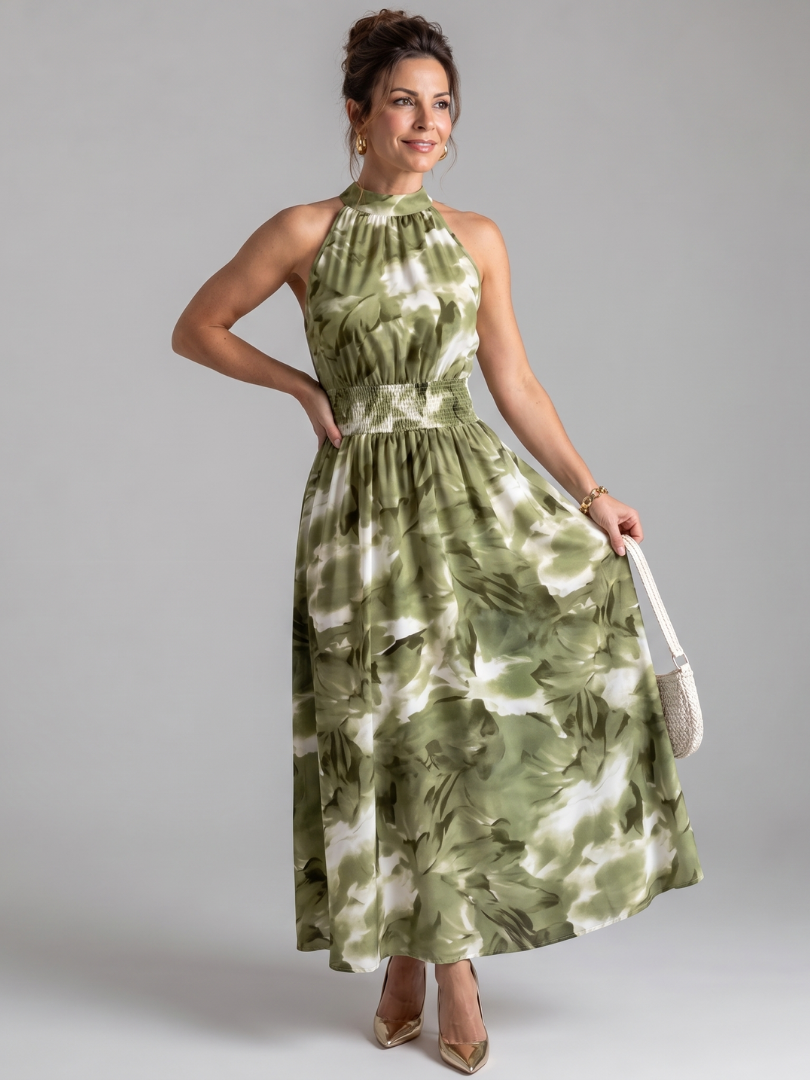 Abito midi da donna con stampa astratta e vita arricciata - Fluido ed elegante