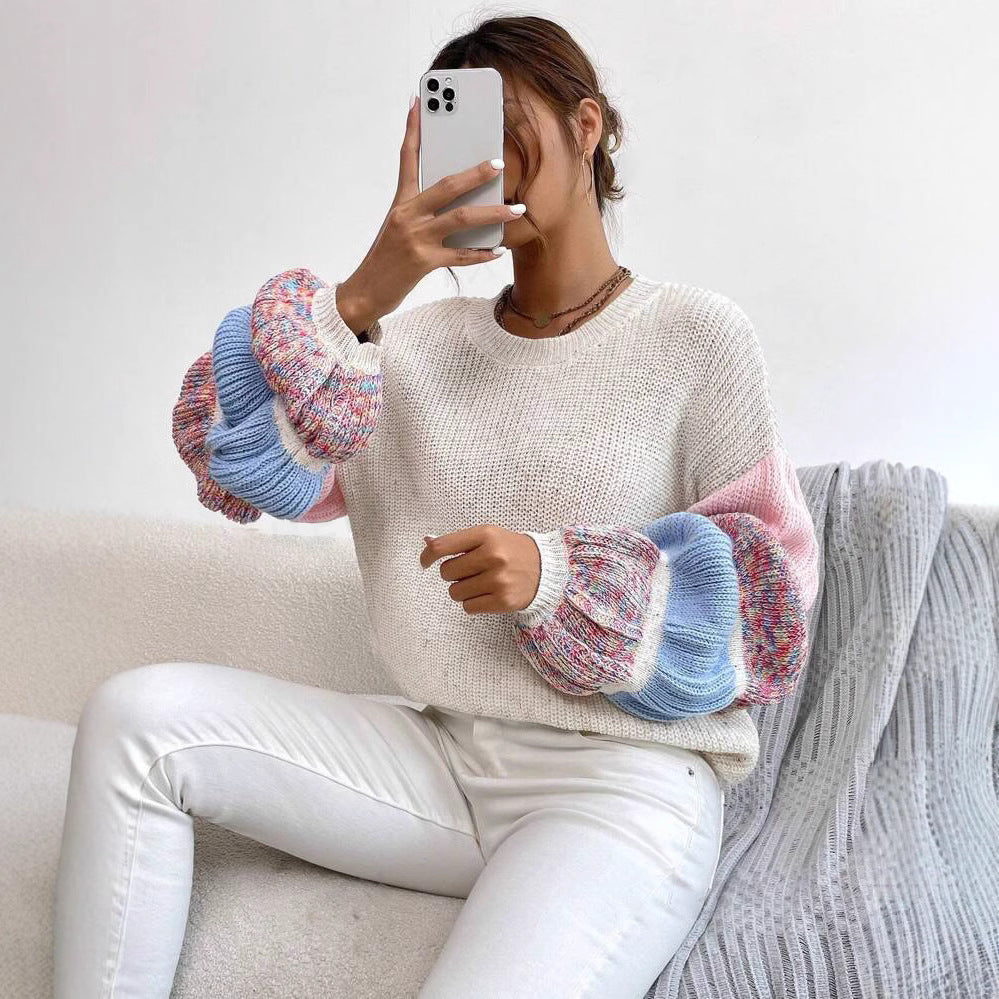 Multicolor women's sweater – Oversized fit with cream and pink puff sleeves