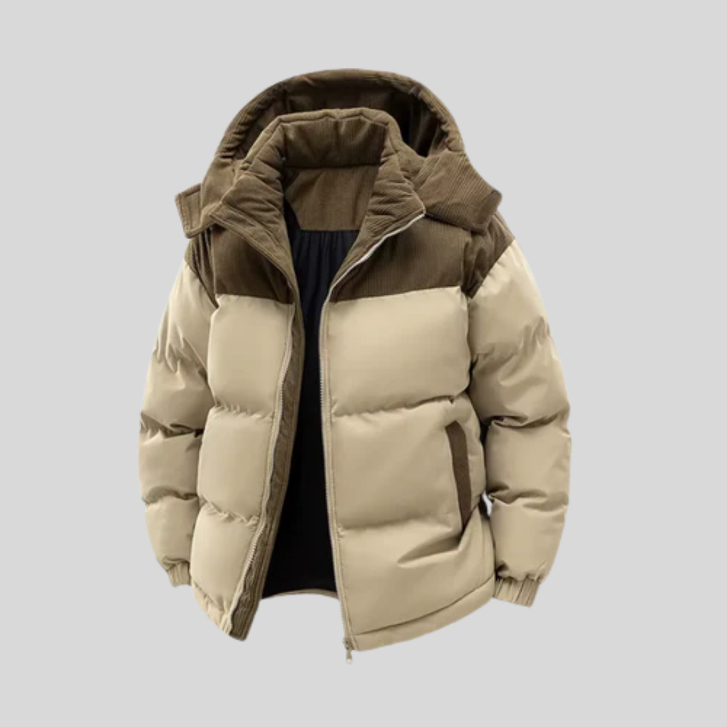 Piumino color block da uomo – Cappotto invernale isolante con cappuccio