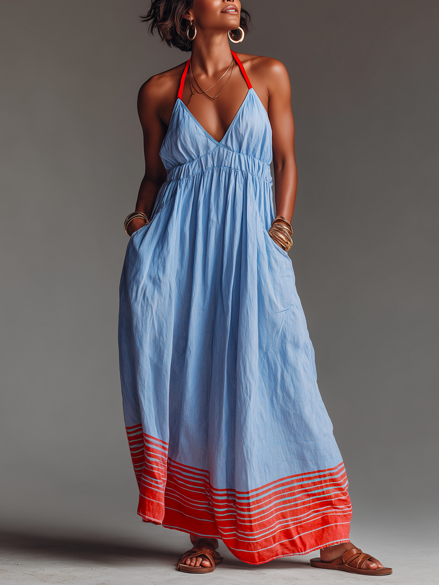 Abito maxi da donna halter a righe con tasche - Leggero ed elegante