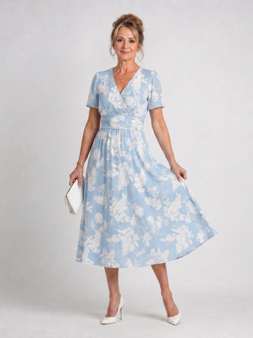 Abito midi floreale da donna con scollo a V e maniche corte - Fluido ed estivo