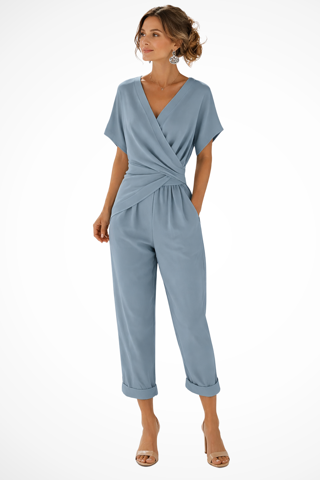 Tuta corta da donna con scollo a portafoglio - maniche corte e tasche, stile casual estivo