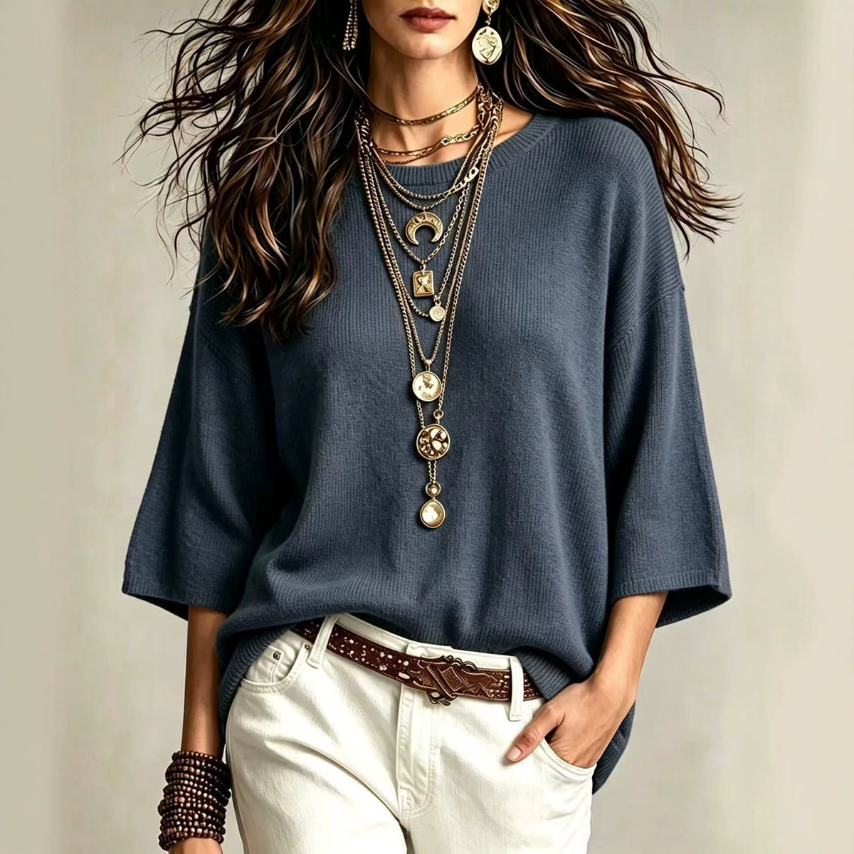 Maglione ampio da donna con maniche larghe e girocollo