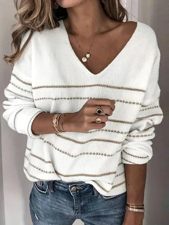 Stribet sweater til kvinder med V-udskæring - Trendy og blød