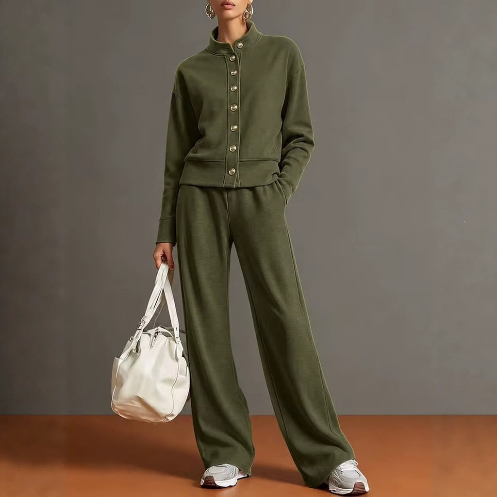 Ensemble cardigan à col montant et pantalon ample - Chic et confortable