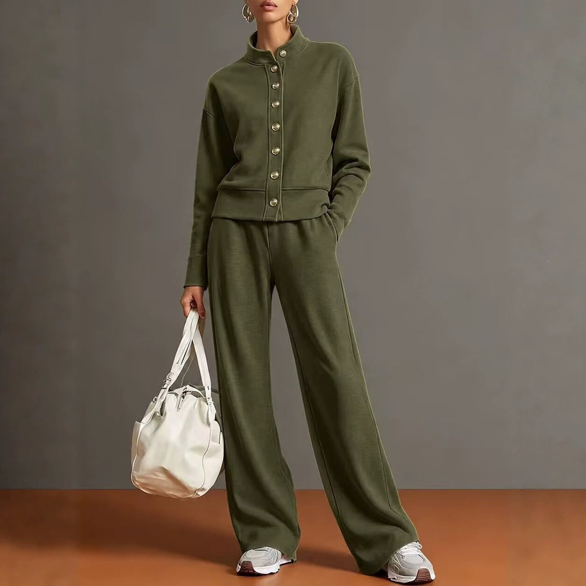 Ensemble cardigan à col montant et pantalon ample - Chic et confortable
