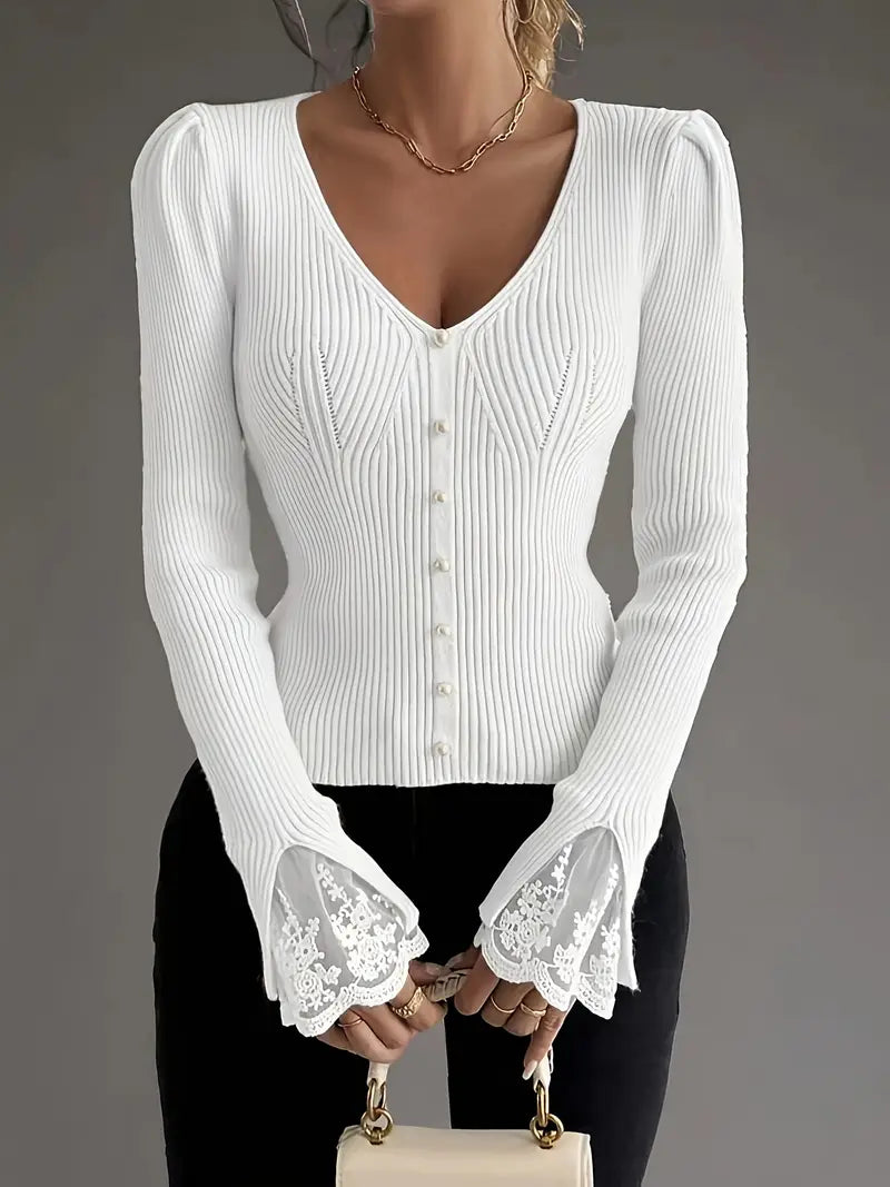 Maglione Donna a Coste con Scollo a V – Stile Casual Elegante e Confortevole