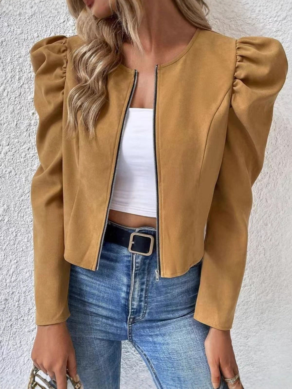 Cardigan da donna girocollo con zip e maniche a sbuffo