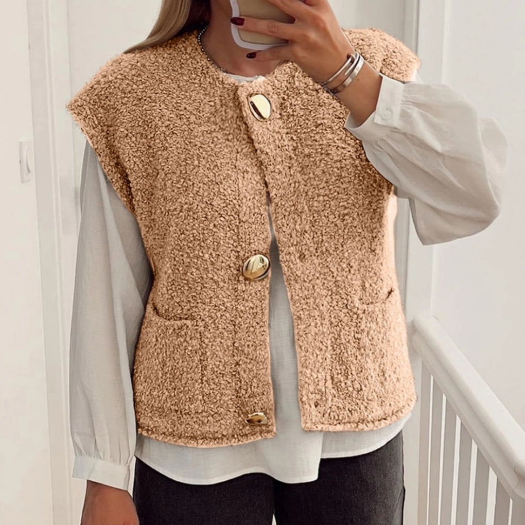 Gilet teddy beige premium da donna – Comodo gilet con bottoni