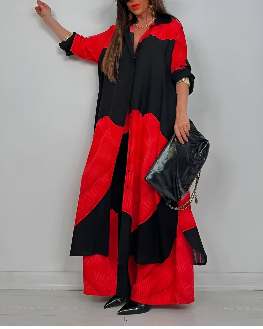 Completo due pezzi donna – Camicia con colletto e bottoni e pantaloni a gamba larga a vita alta coordinati