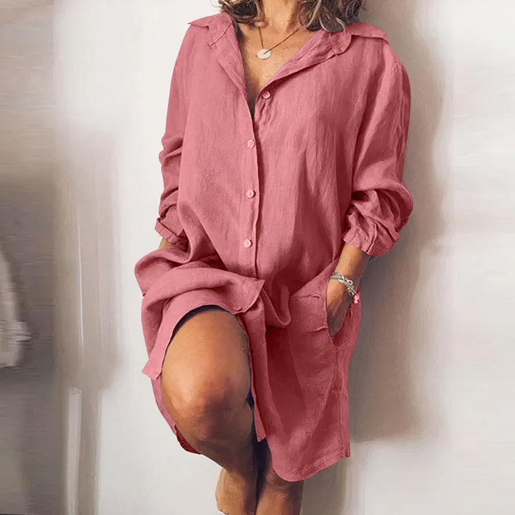 Abito Camicia midi da donna estivo con bottoni - Abito casual in cotone a maniche lunghe