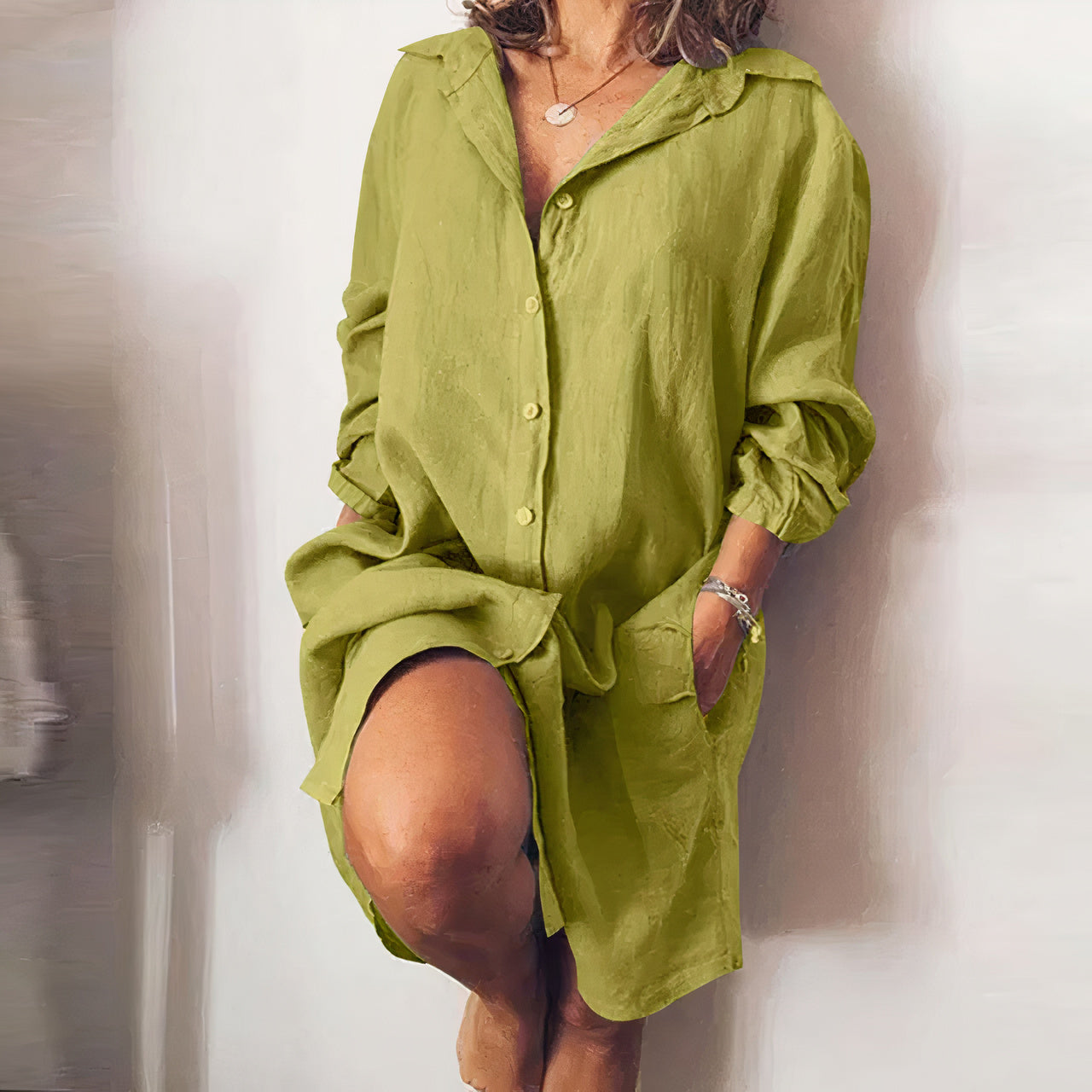 Abito Camicia midi da donna estivo con bottoni - Abito casual in cotone a maniche lunghe