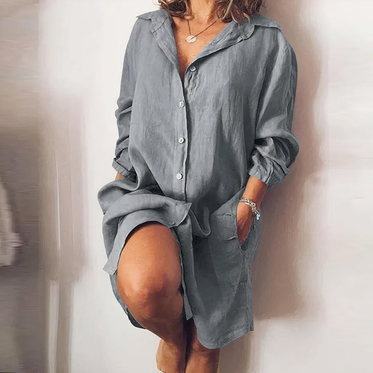 Abito Camicia midi da donna estivo con bottoni - Abito casual in cotone a maniche lunghe