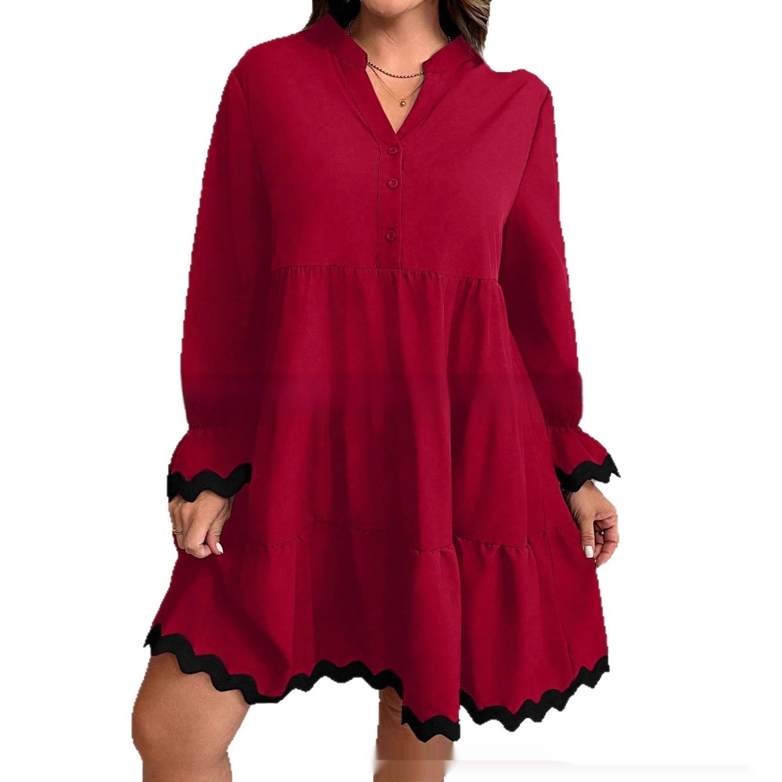 Abito midi donna scollo a V con inserti e maniche lunghe