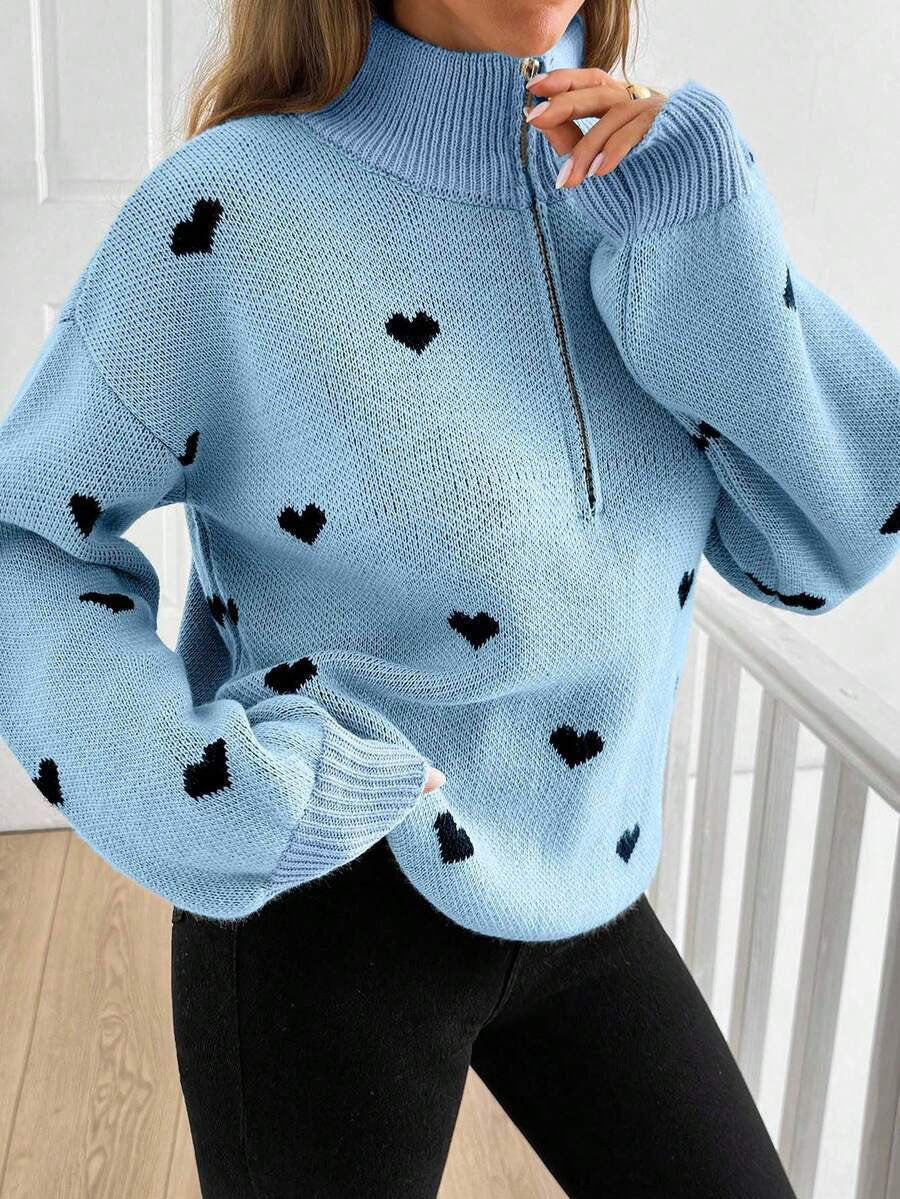 Maglione donna con zip e motivo cuore - Morbido e caldo