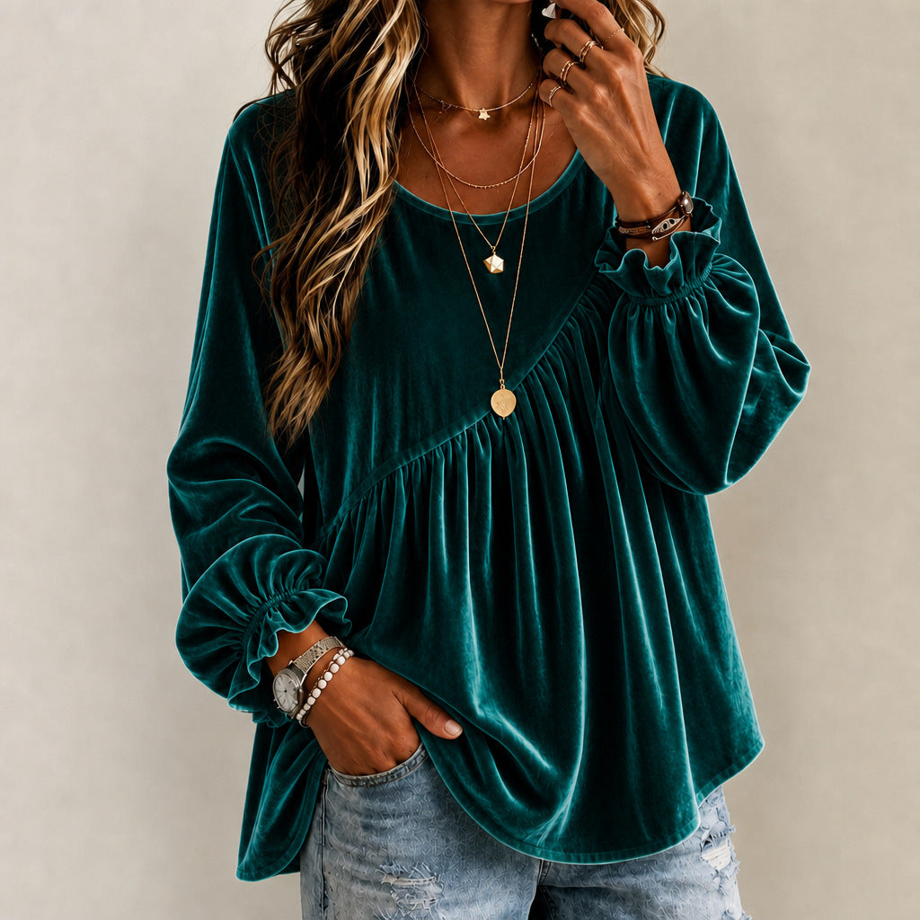 Top Donna in Velluto con Collo Rotondo e Volant – Stile Elegante Vestibilità Morbida