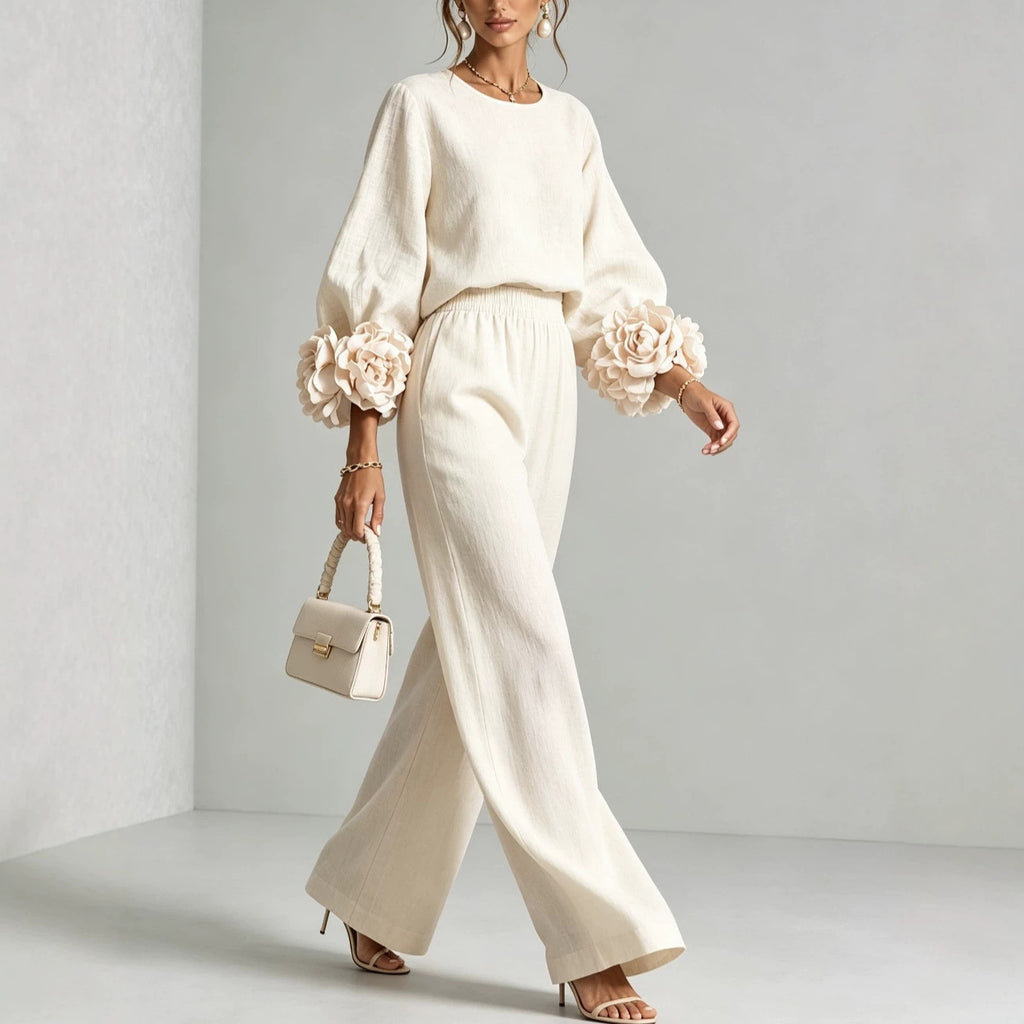 Ensemble femme avec top à poignets fleuris et pantalon ample – Élégant et décontracté