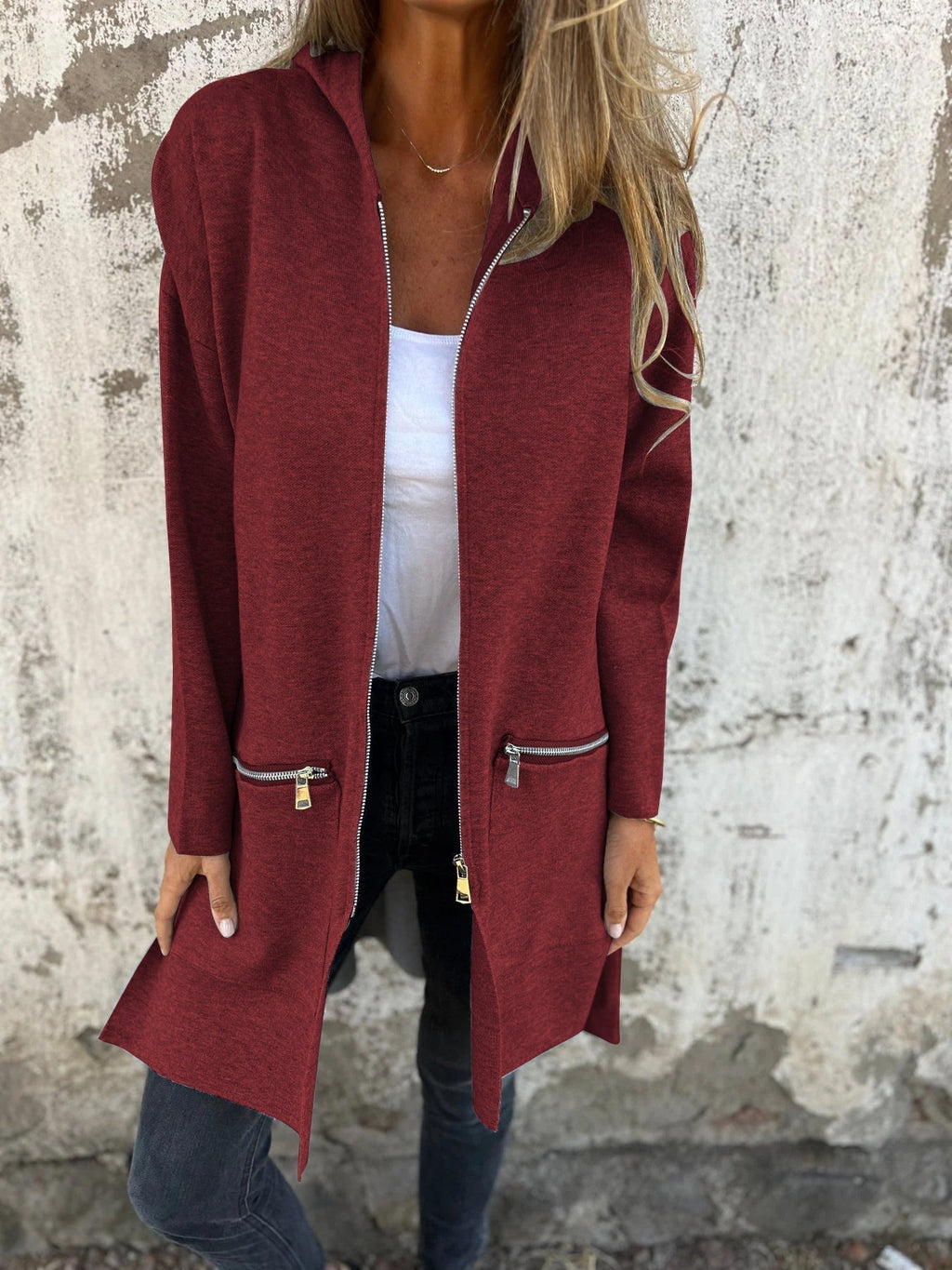 Cardigan Elegante Lungo con Cappuccio e Zip da Donna