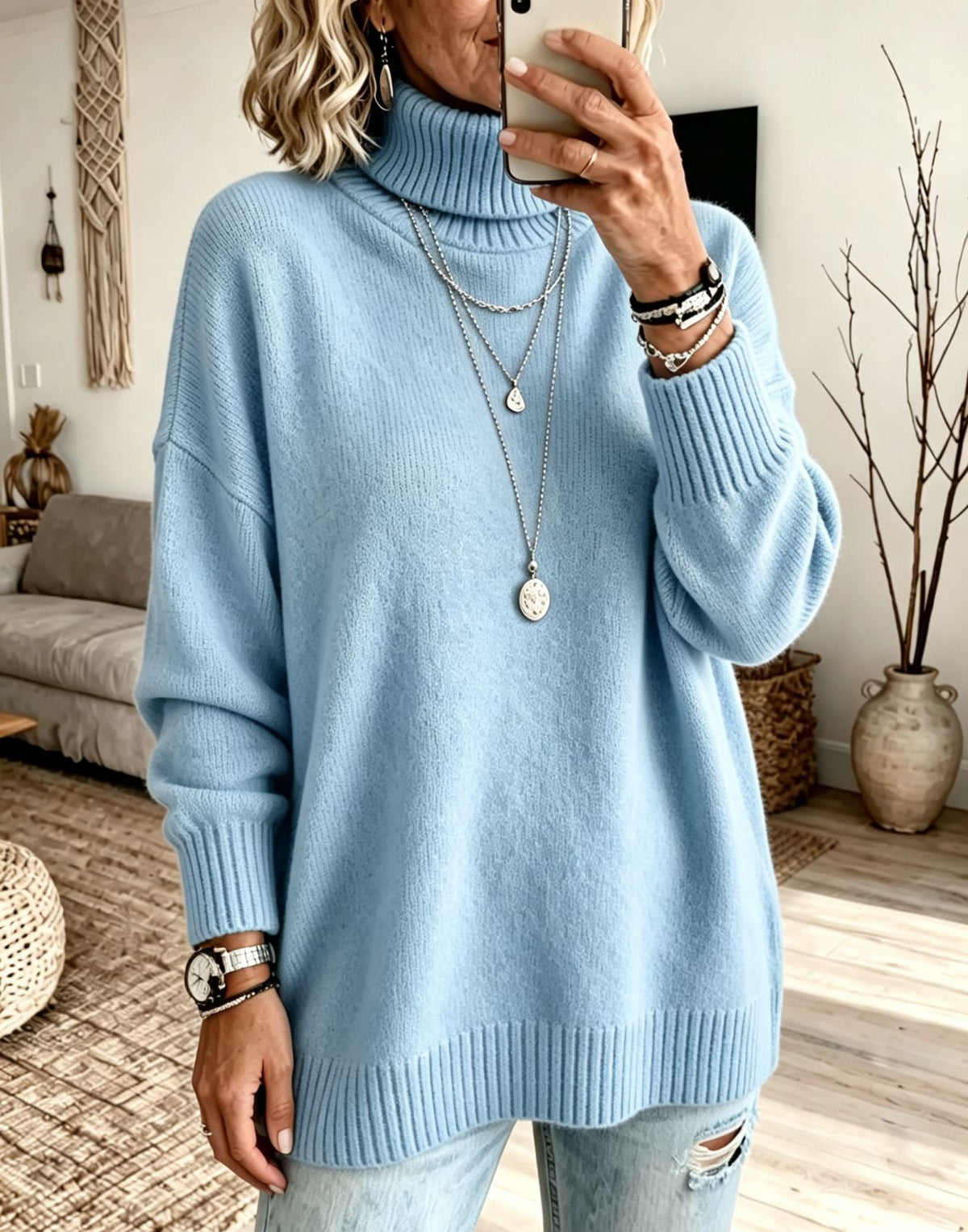Pull femme ample à col roulé - Chaud et facile à porter